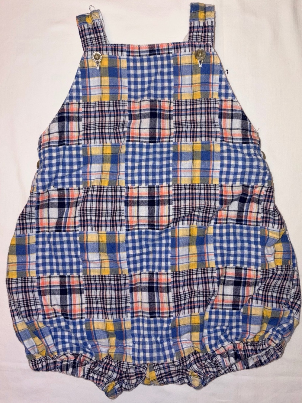 Janie and Jack blue/yellow/pink patchwork plaid lined sunsuit sz 6-12 months EUC